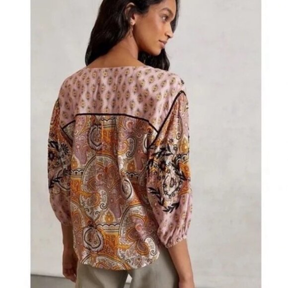 Anthropologie Emma Kayleigh Pink printed tie neck boho balloon sleeve blouse xxs - Picture 15 of 16
